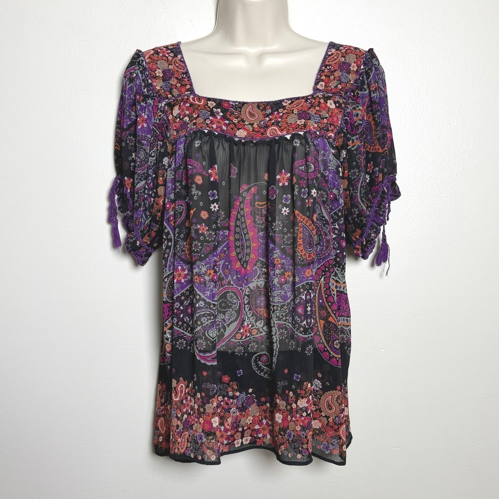 New York & Company Womens Blouse M Purple Paisley Floral Sheer Boho Whimsigoth